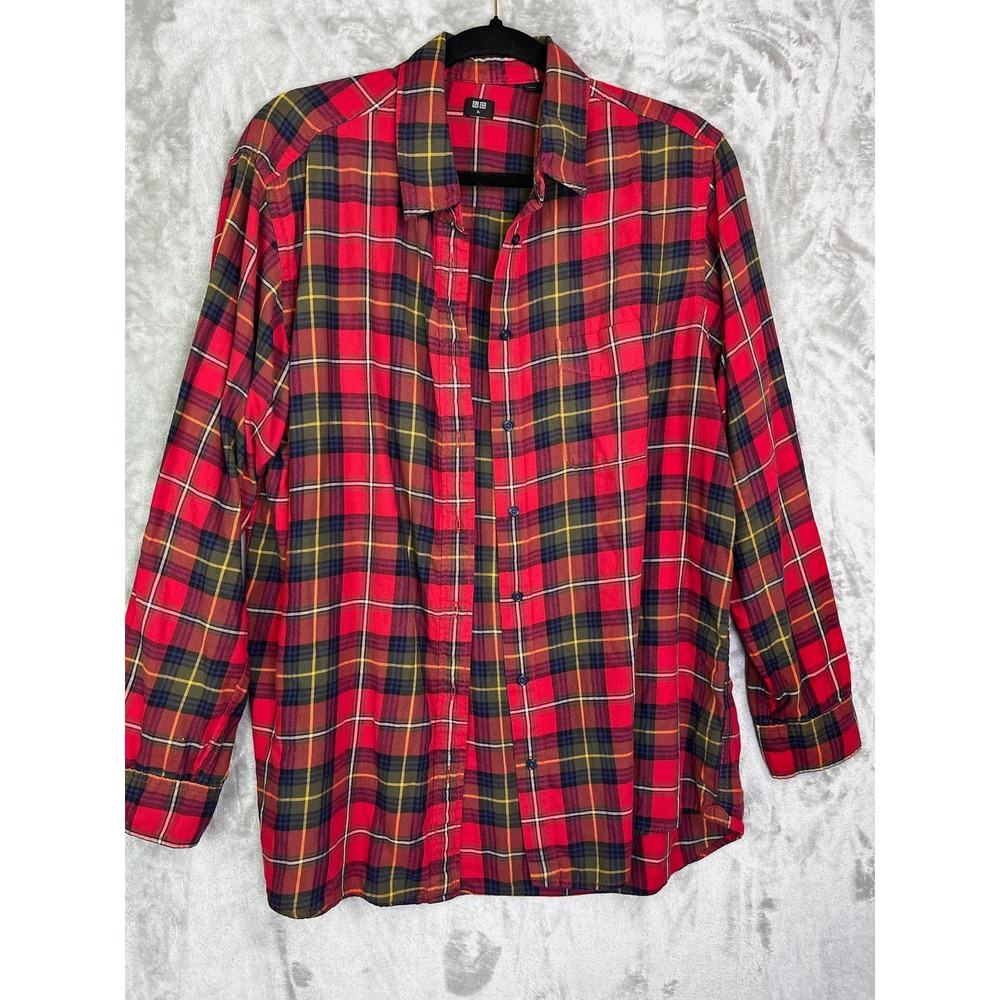 Uniqlo Flannel Shirt Women XL Red Excellent Plaid Long Sleeve‎ Button Down N43